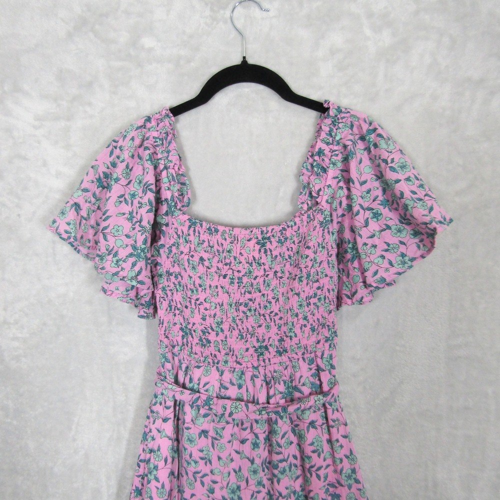 Banjanan Midi Dress XS Pink Floral Print Smocked Ruffle Sleeve Camilla Cotton - Picture 6 of 14